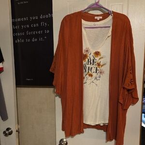 Maurices Rust Orange Open-Front Kimono with Cream Floral Graphic Tee